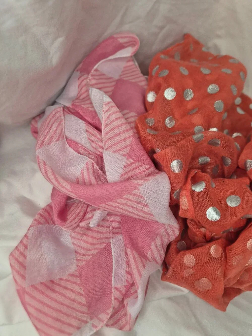 Set of 2 Fashion Scarves Coral Polka Dot & Pink Plaid Lightweight Accessories